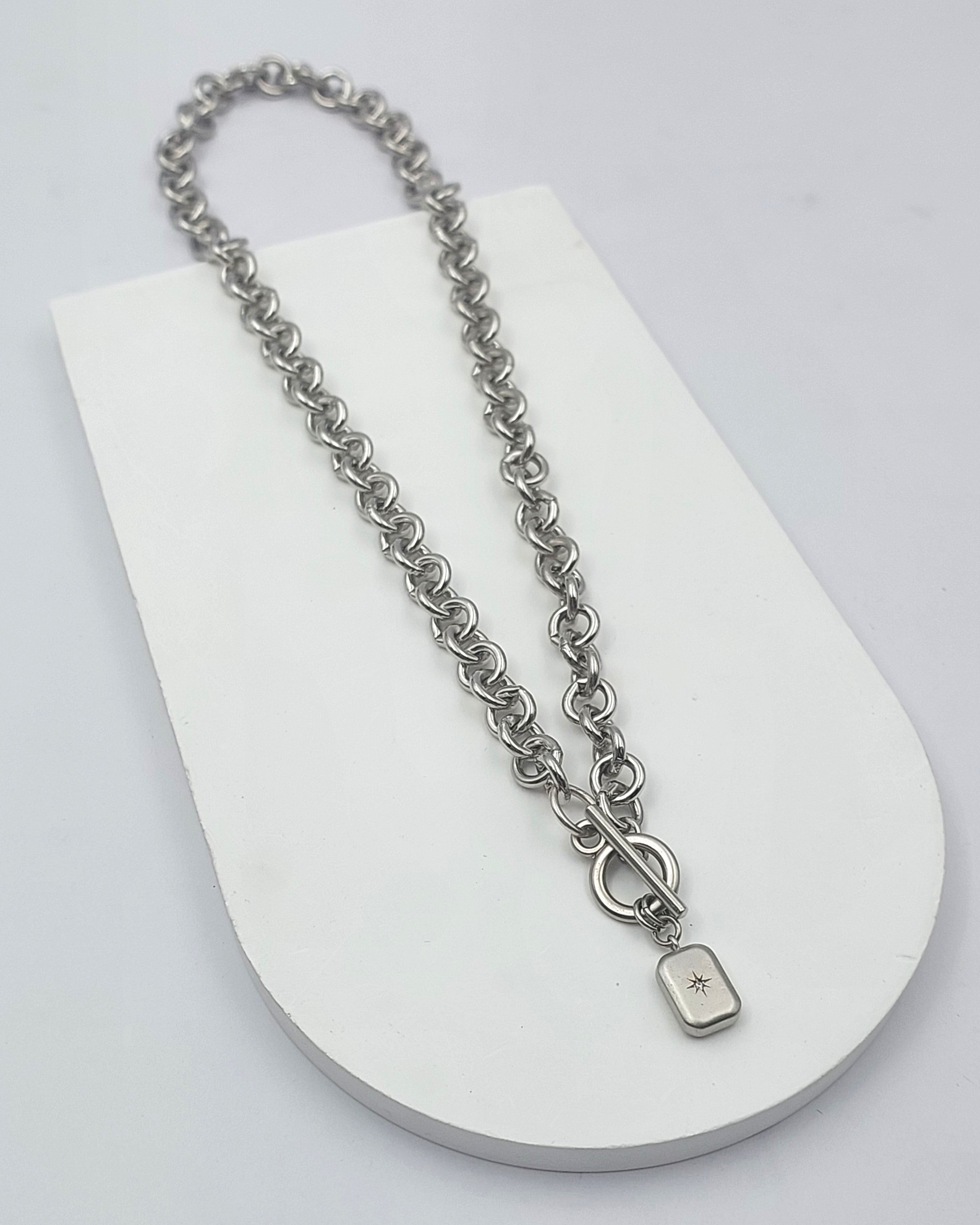 שרשרת לולאות מלבן משובץ זירקון כסף