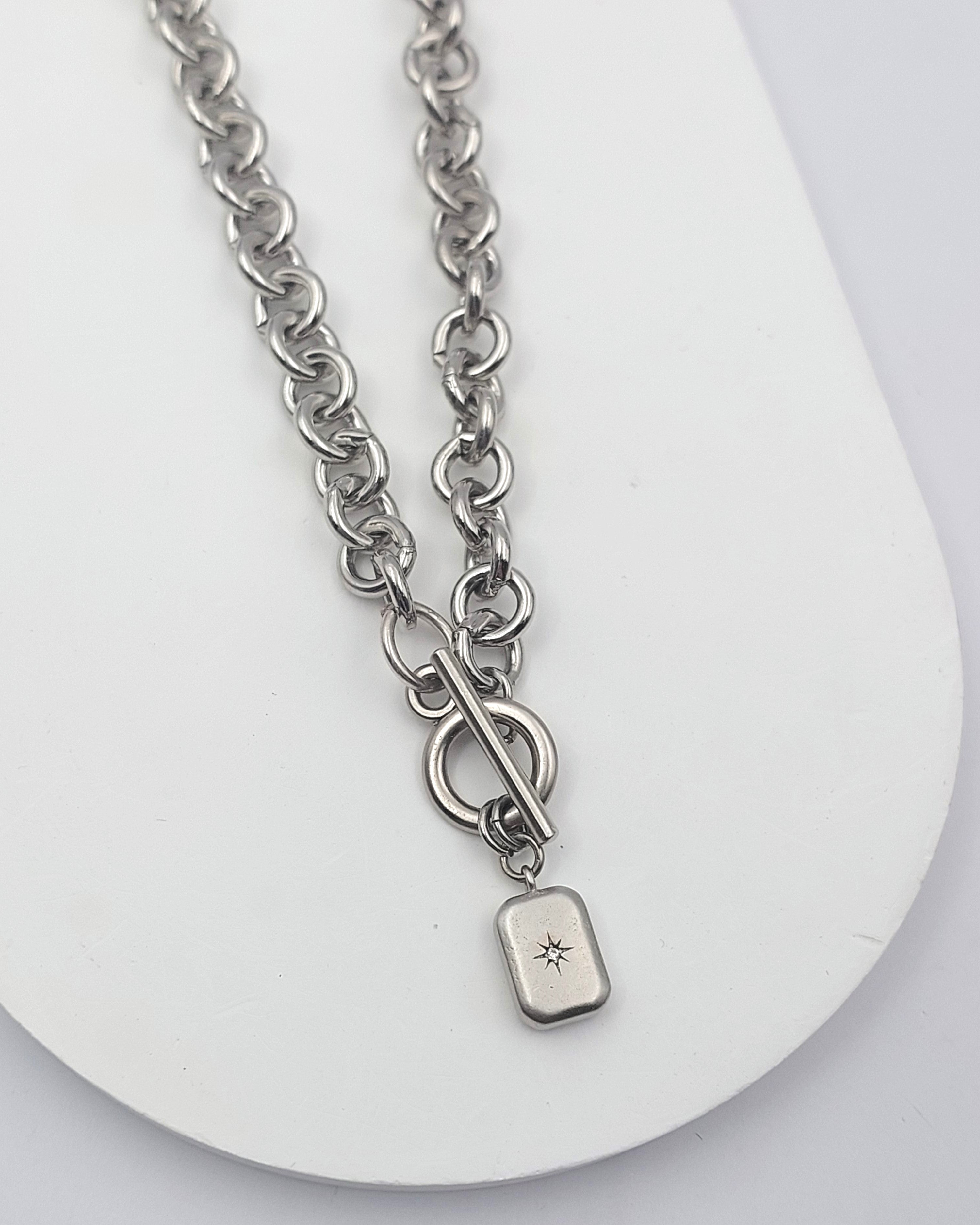 שרשרת לולאות מלבן משובץ זירקון כסף