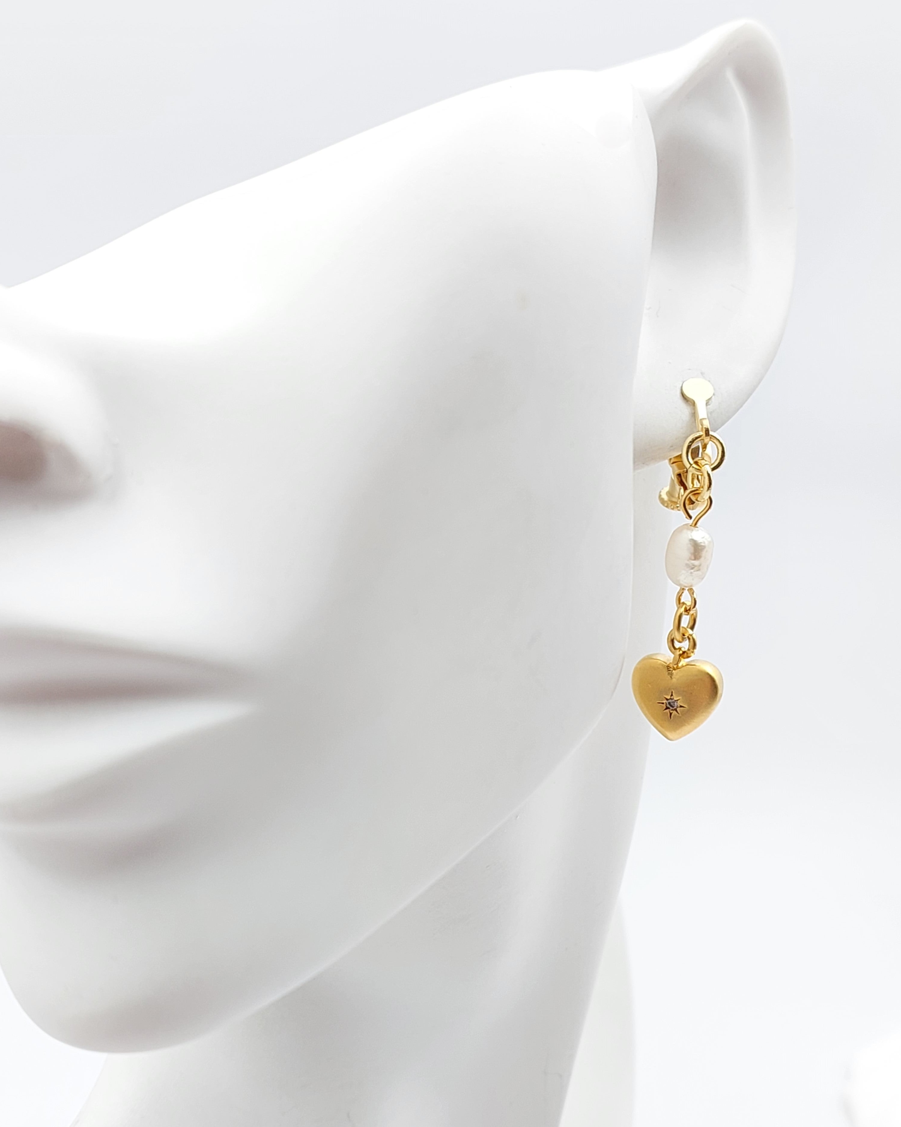 עגילי קליפס פנינה ולבבות