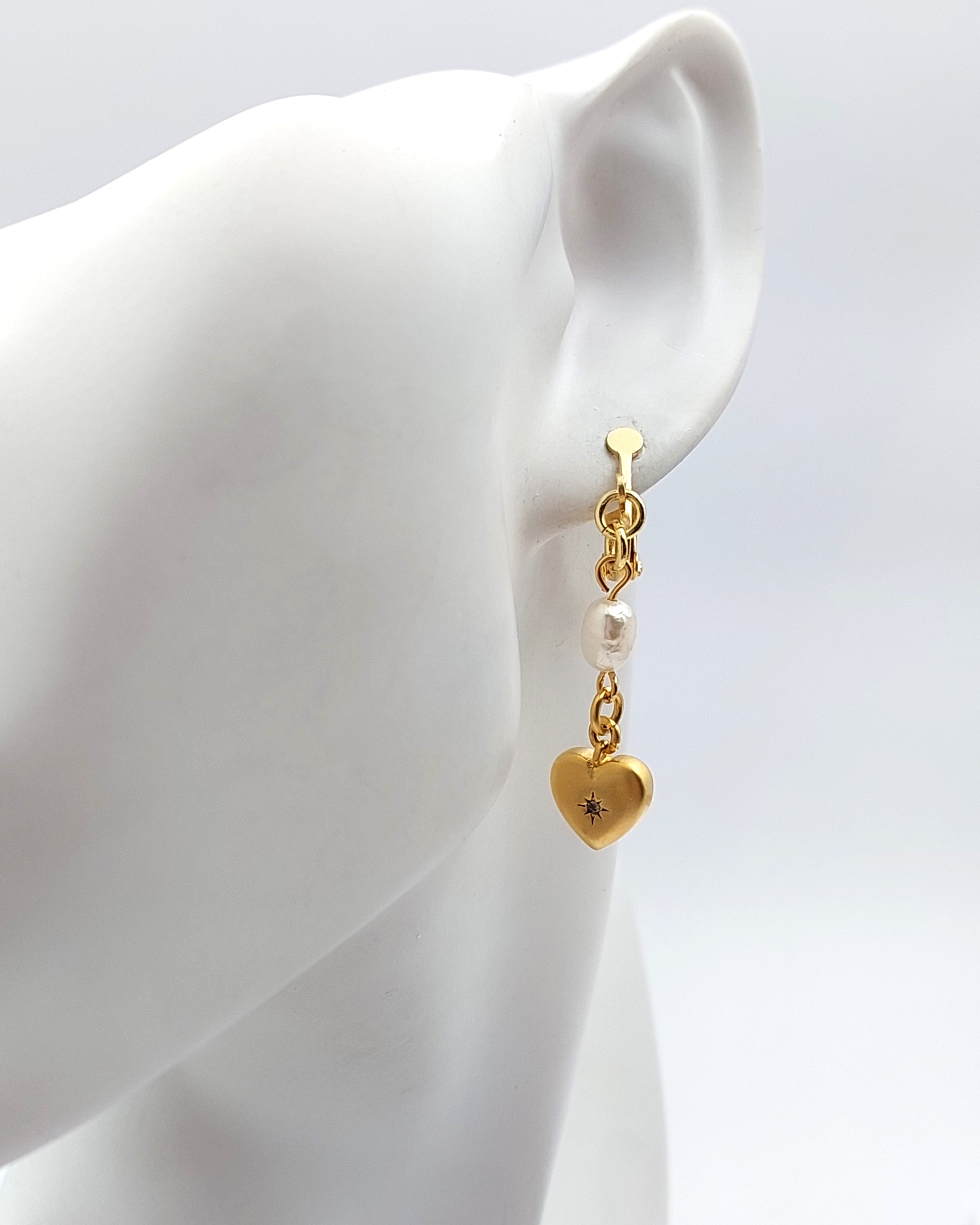 עגילי קליפס פנינה ולבבות