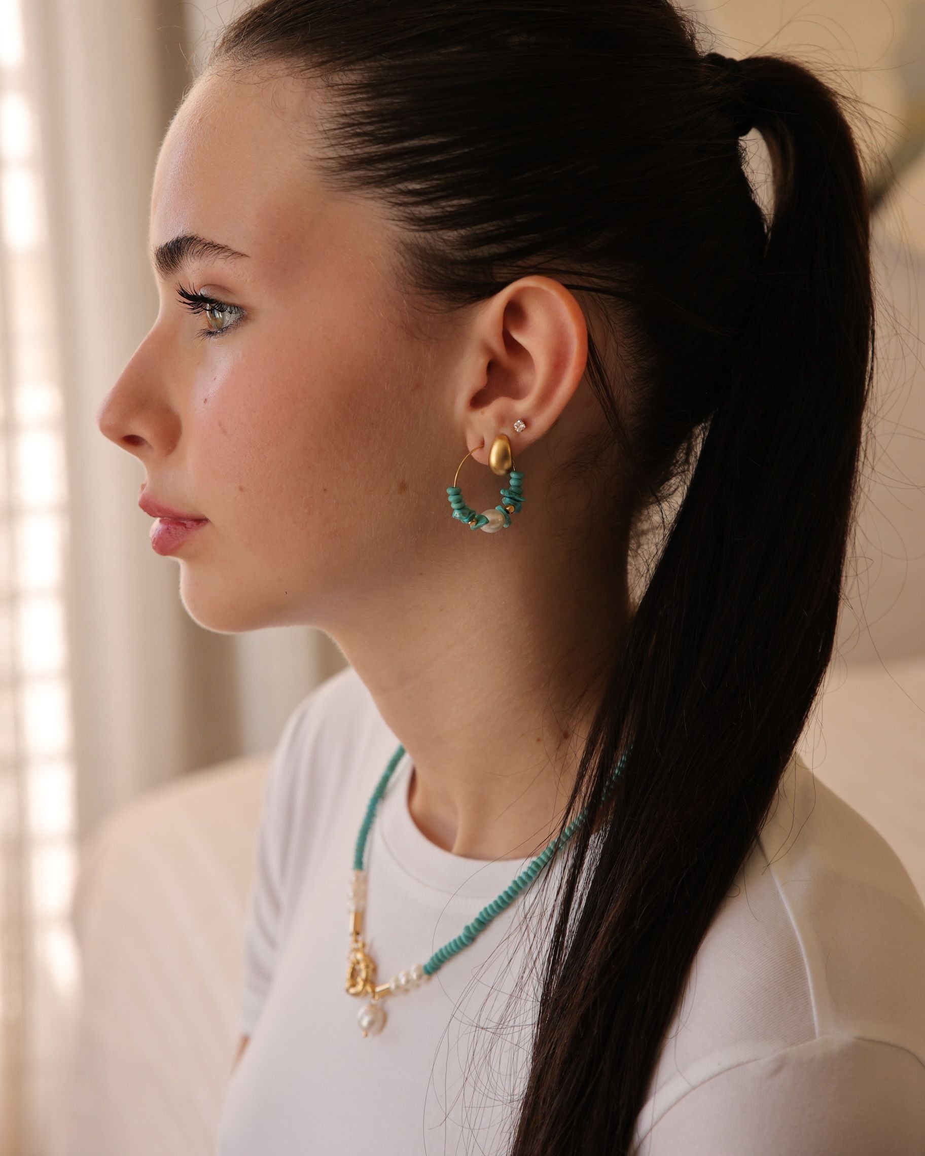 עגילי חישוק טורקיזים פנינים אמתיות