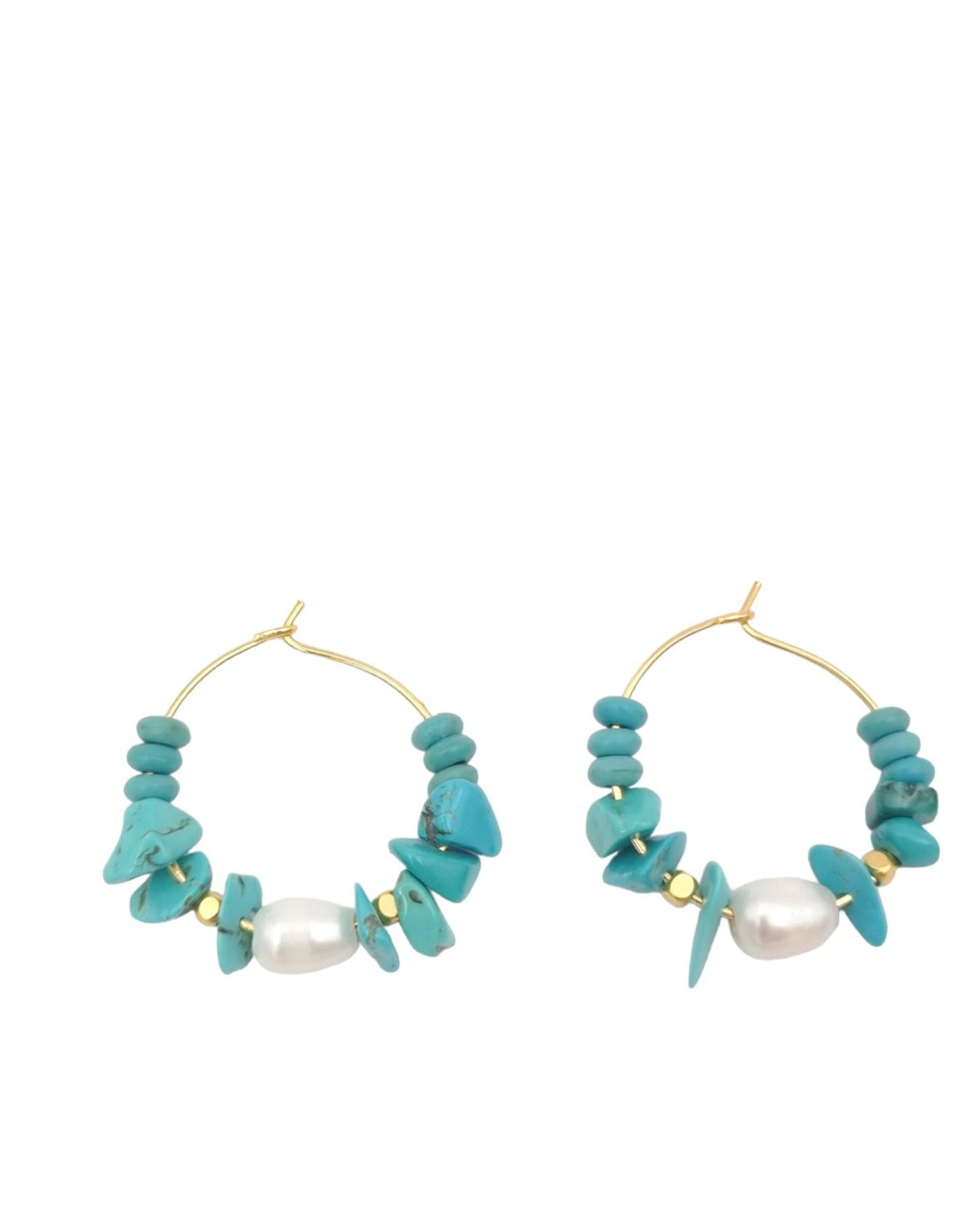 עגילי חישוק טורקיזים פנינים אמתיות