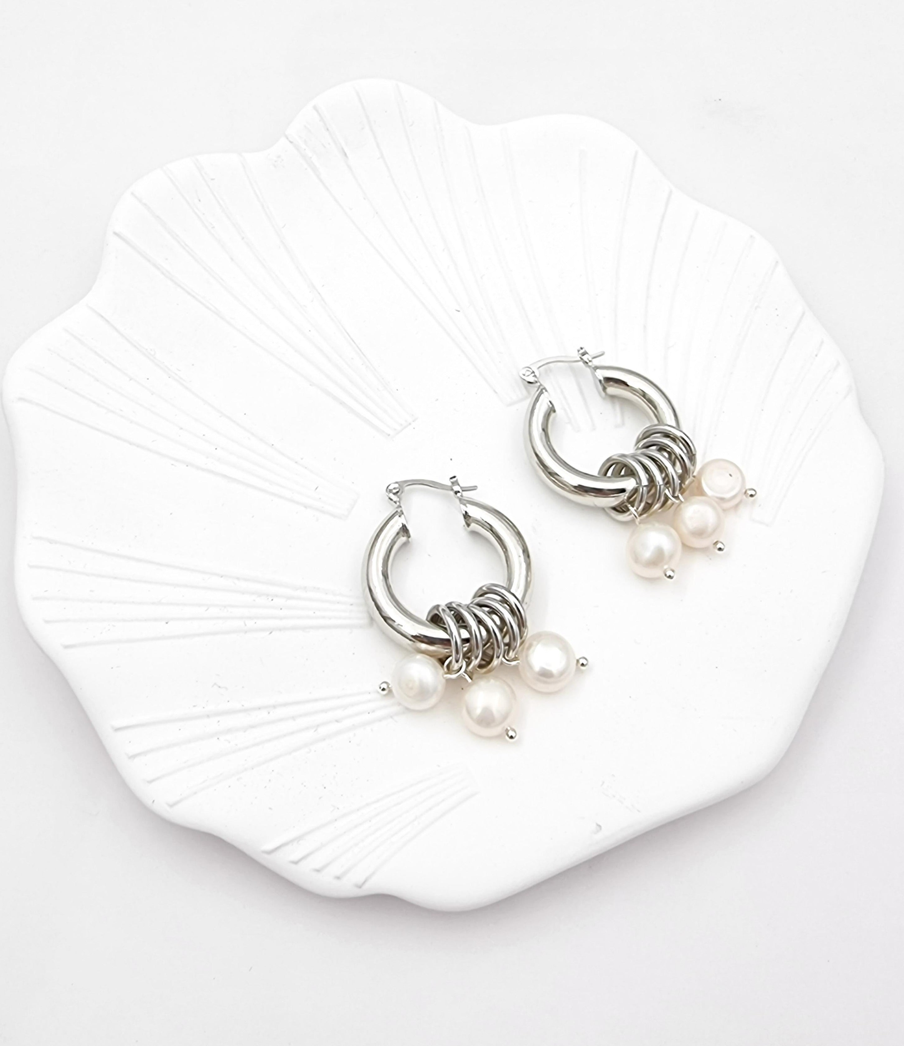 עגילי חישוק קליק פנינים אמיתיות כסף